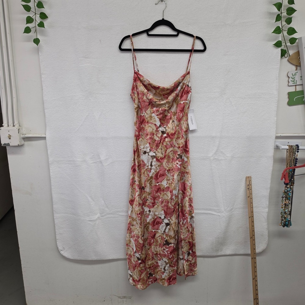 *NWT* Utnisan Women Pink Floral Satin Cowl Neck Midi Slip Dress Size M